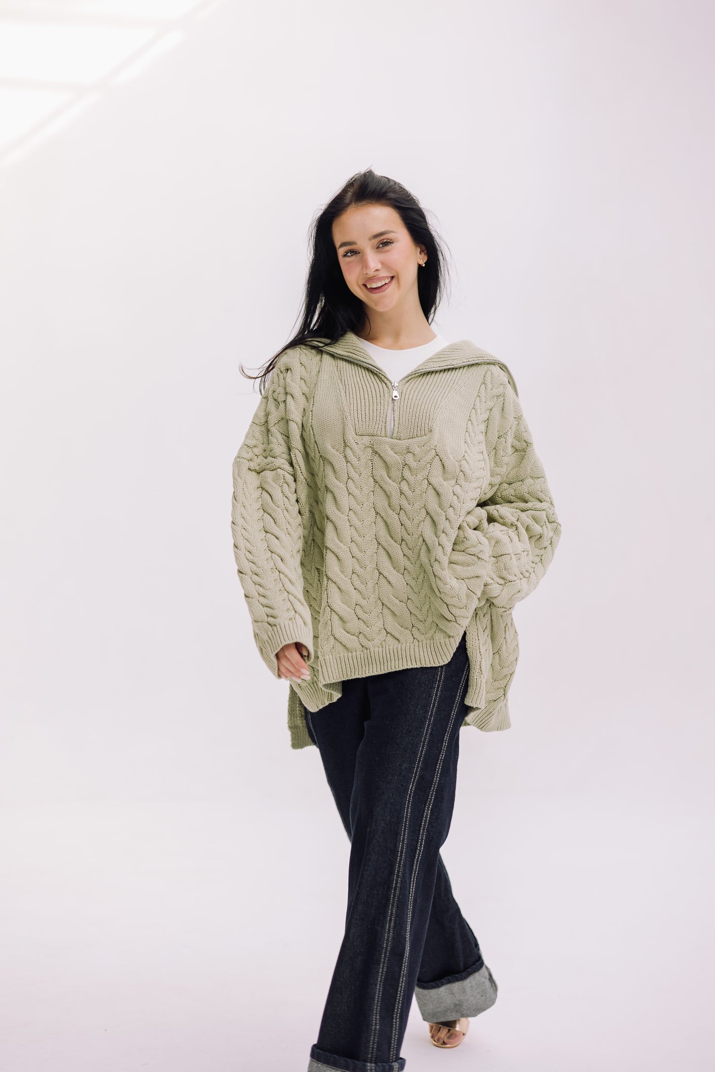 Braided Half-Zip Sweater - Basil
