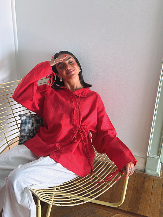 Side Bow Linen Shirt - Crimson Red