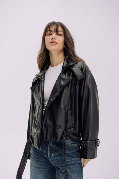 Leather Cropped Trench Jacket - Black