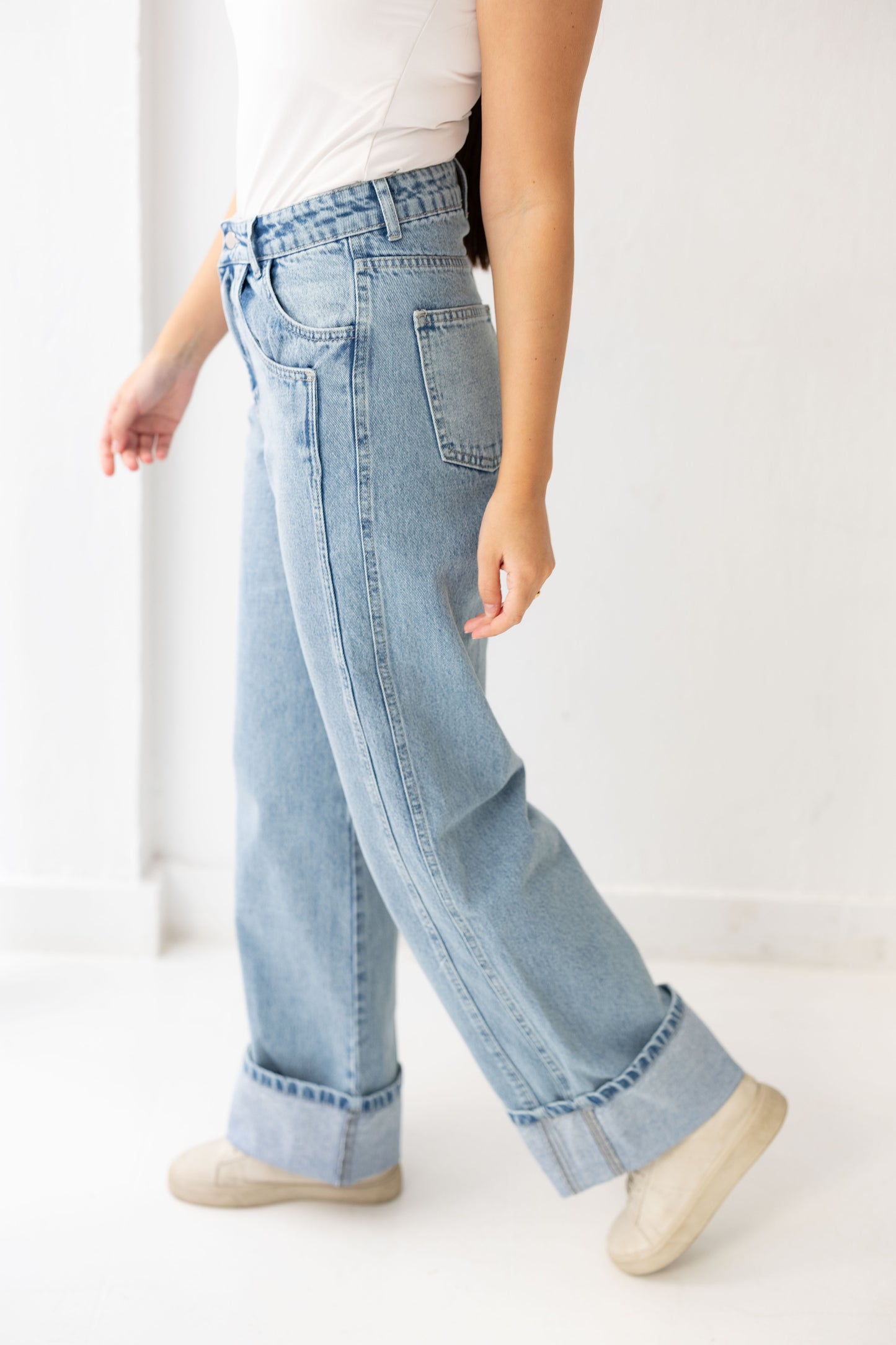 Double Cuff Denim Pants - Washed Blue