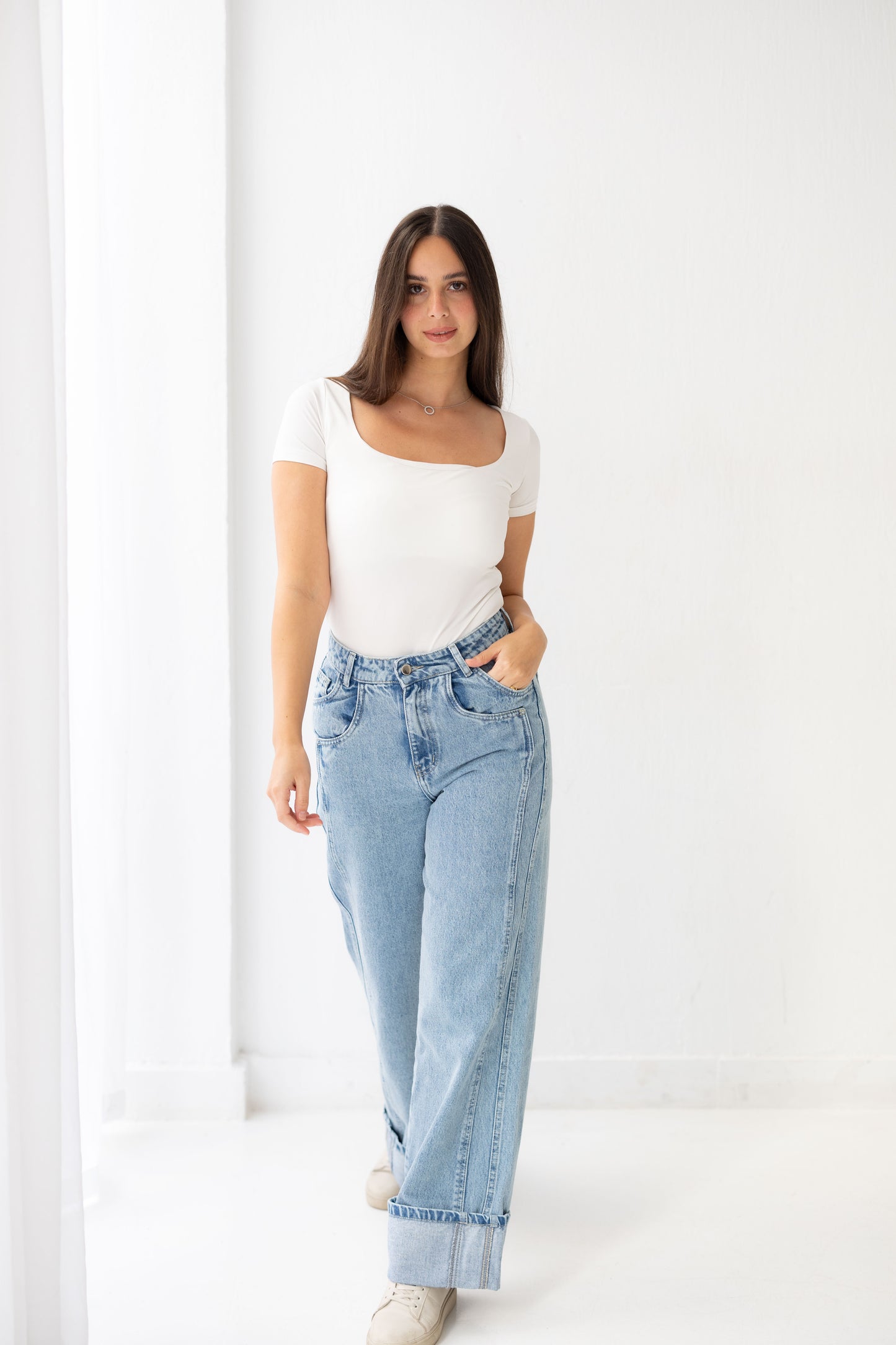 Double Cuff Denim Pants - Washed Blue