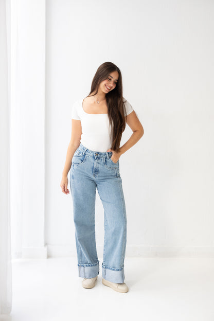 Double Cuff Denim Pants - Washed Blue