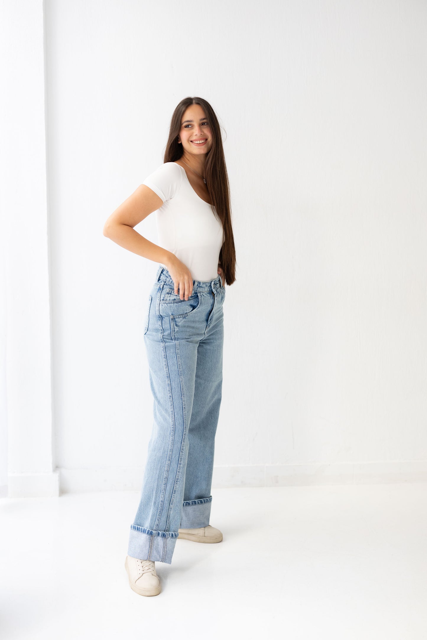 Double Cuff Denim Pants - Washed Blue