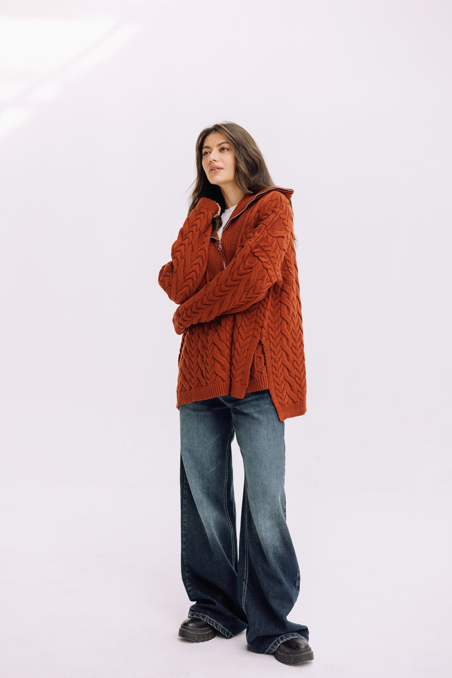 Braided Half-Zip Sweater - Brick