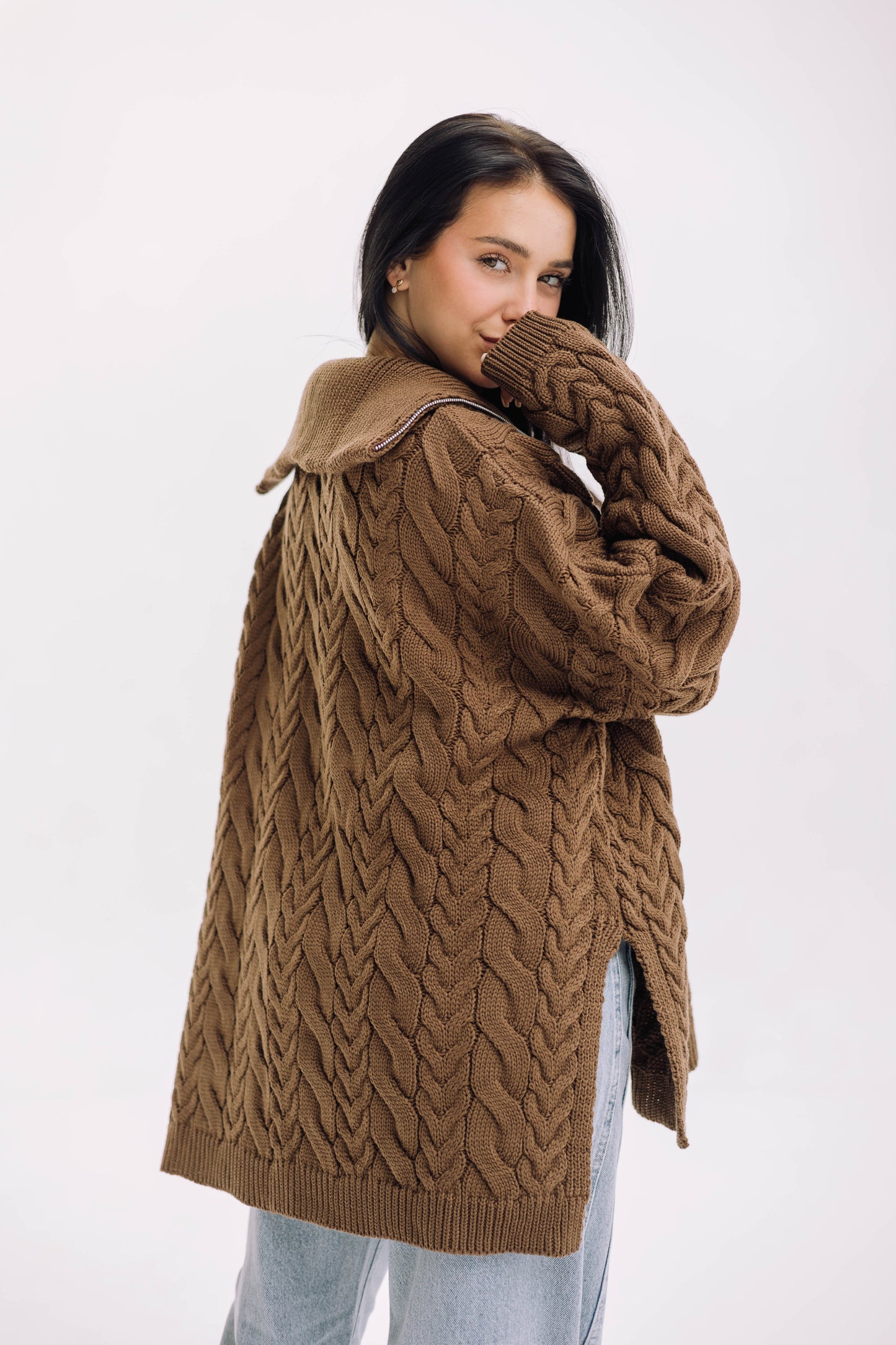 Braided Half-Zip Sweater - Brown