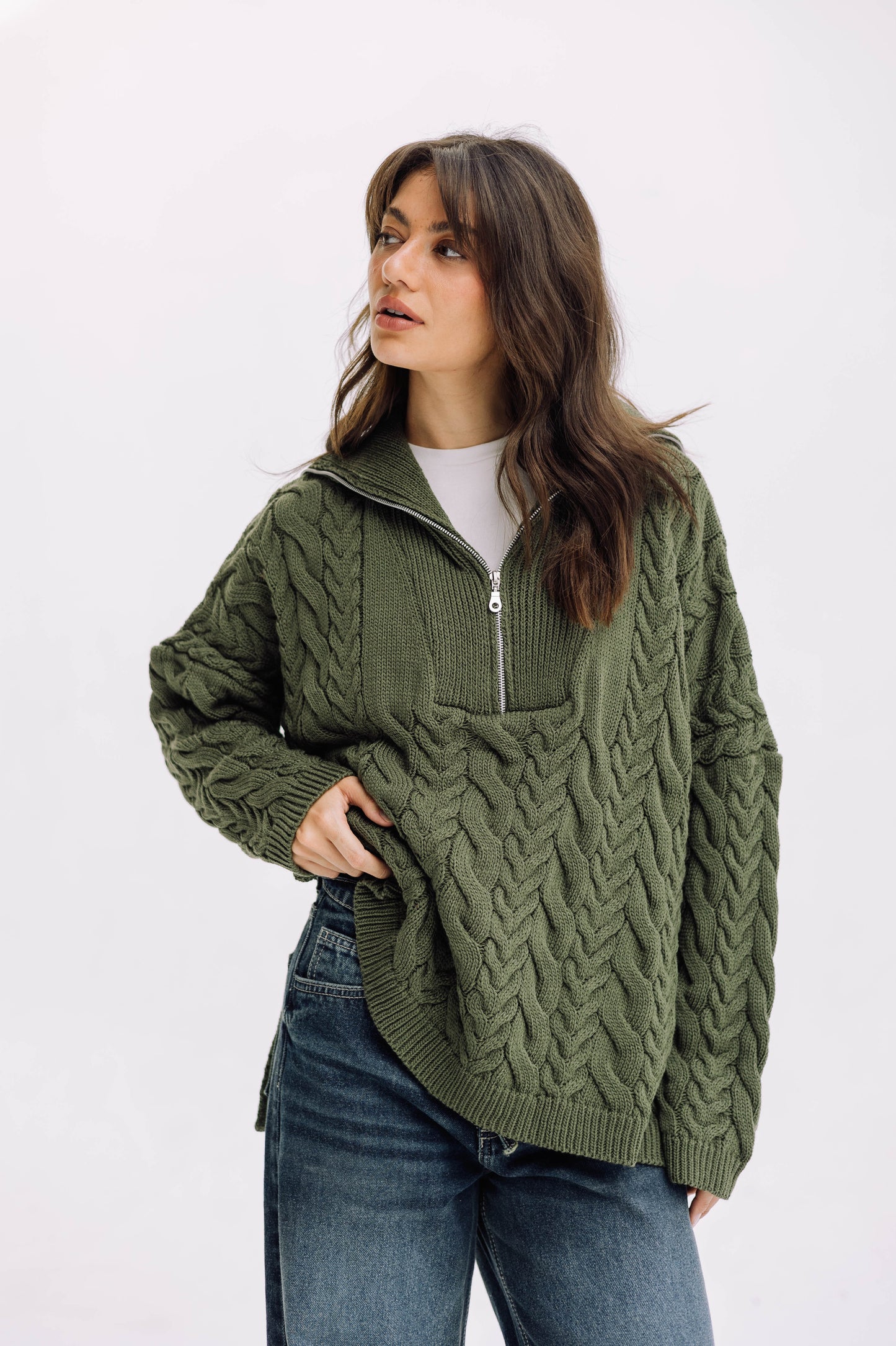 Braided Half-Zip Sweater - Olive