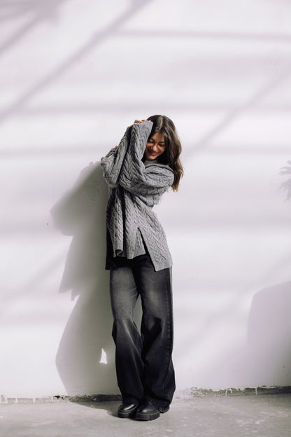 Braided Half-Zip Sweater - Grey