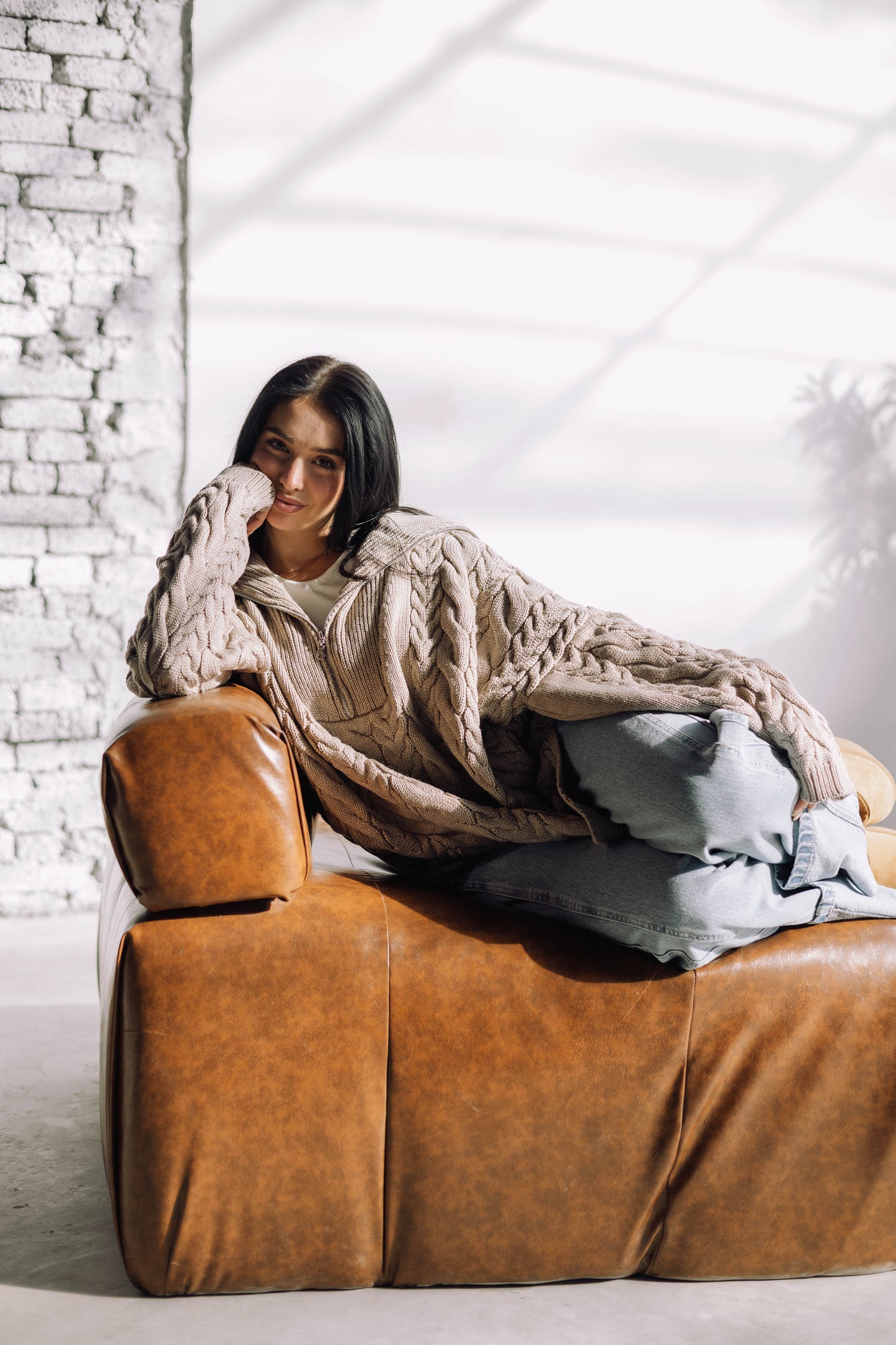 Braided Half-Zip Sweater - Beige