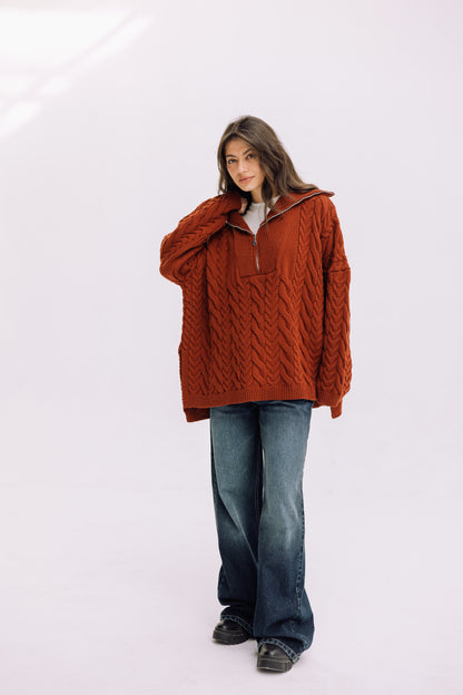 Braided Half-Zip Sweater - Brick