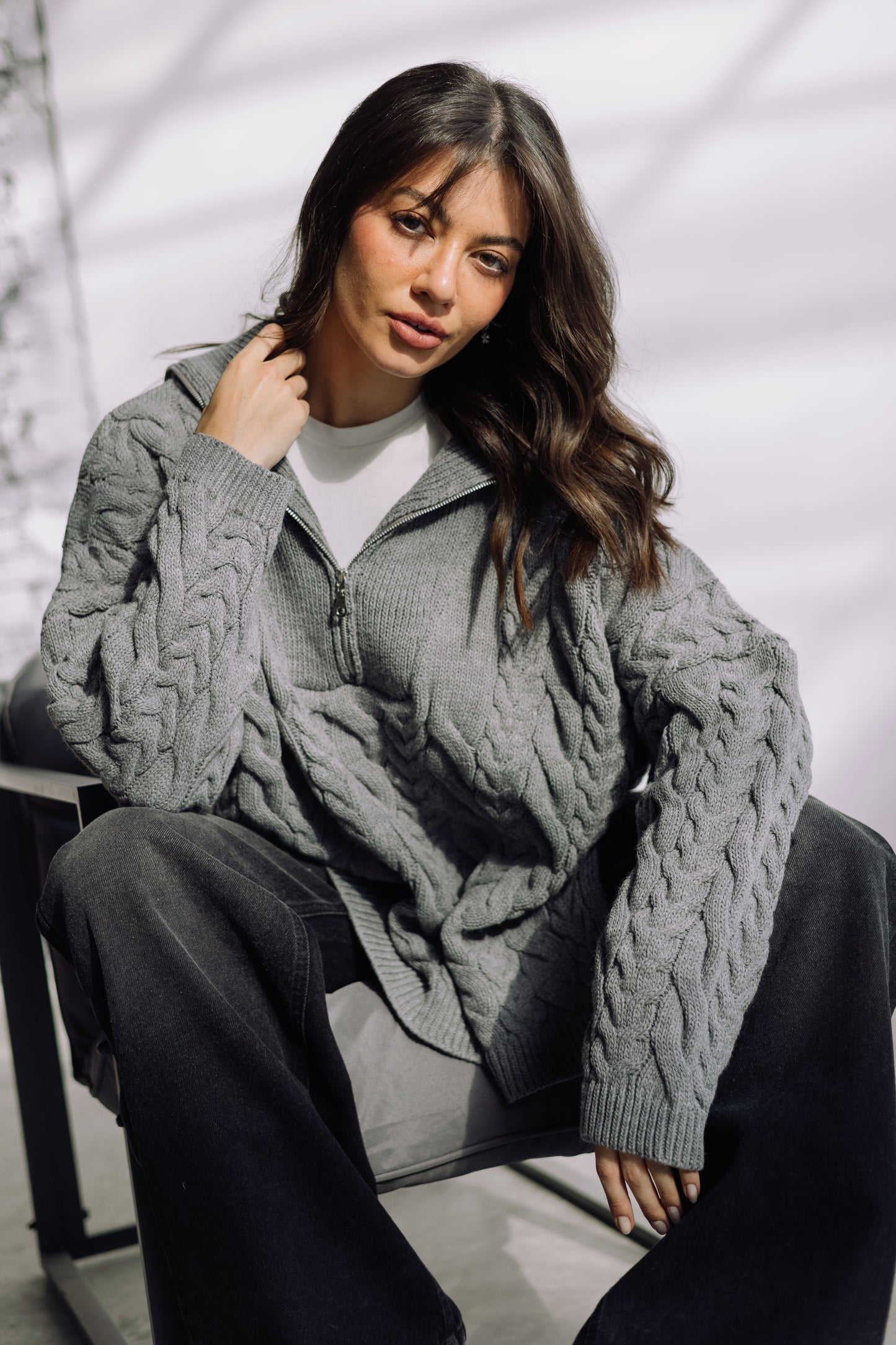 Braided Half-Zip Sweater - Grey
