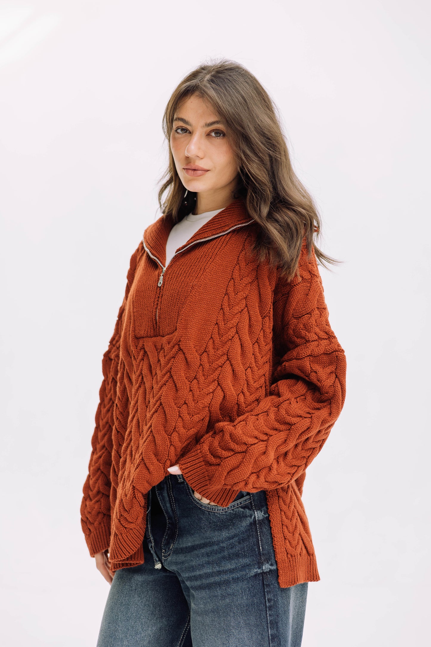 Braided Half-Zip Sweater - Brick