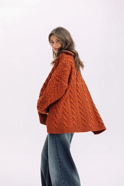 Braided Half-Zip Sweater - Brick