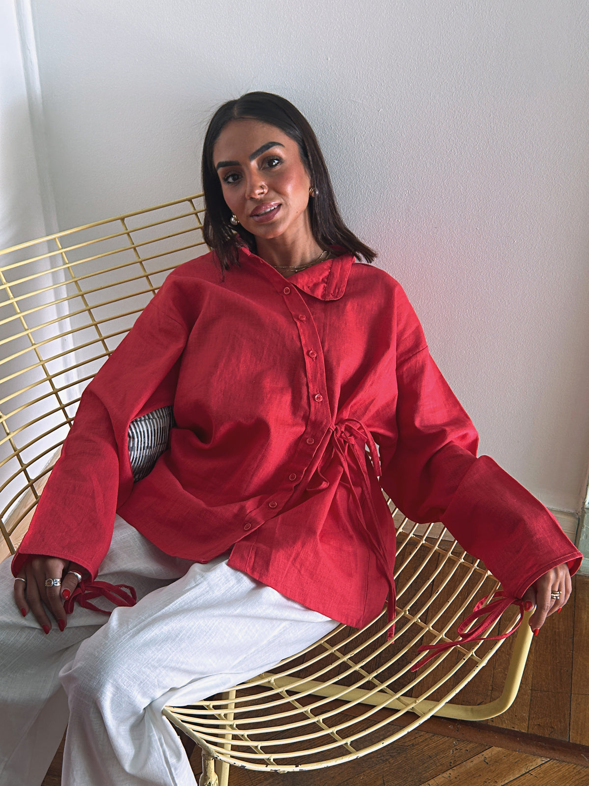 Side Bow Linen Shirt - Crimson Red