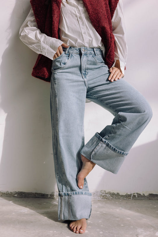 Double Cuff Denim Pants - Washed Blue