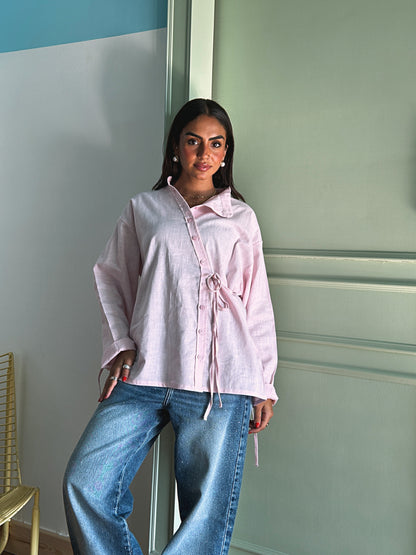 Side Bow Linen Shirt - Soft Pink