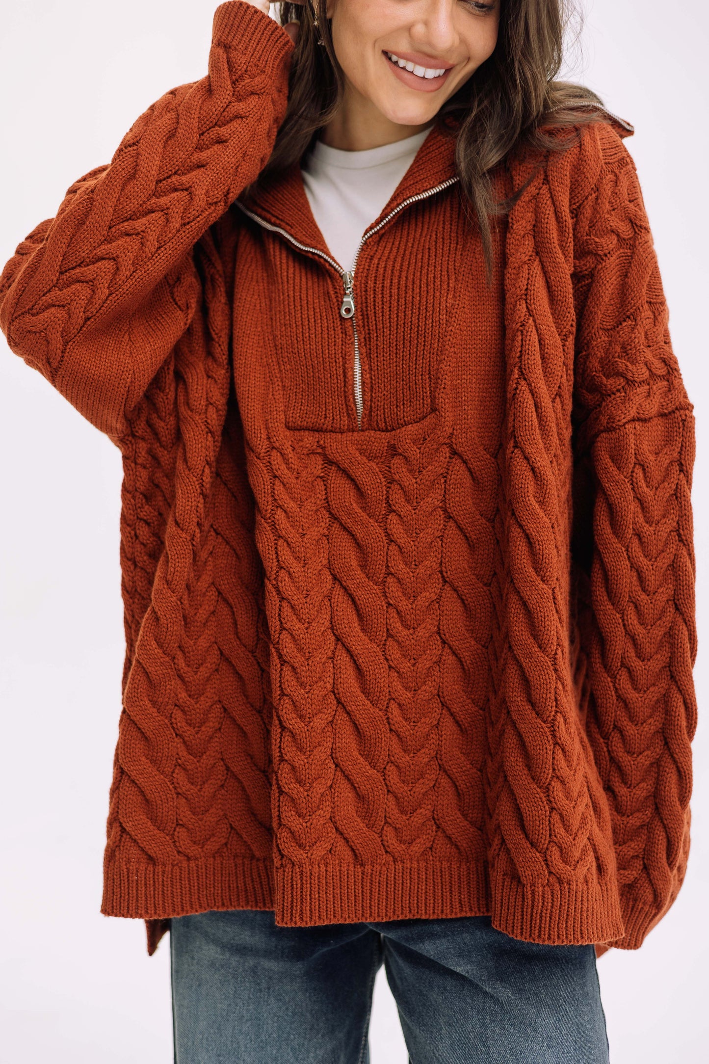 Braided Half-Zip Sweater - Brick