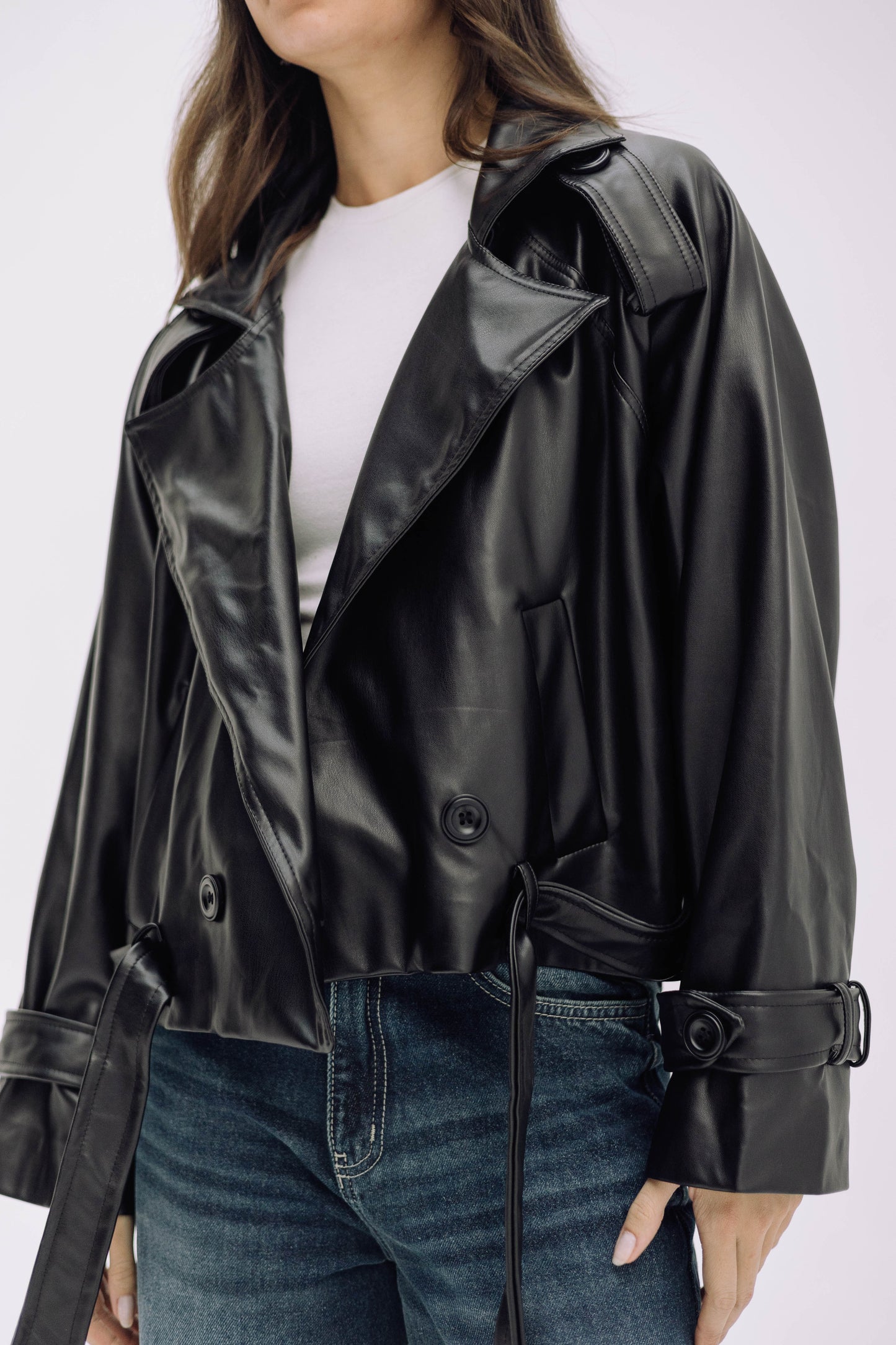 Leather Cropped Trench Jacket - Black