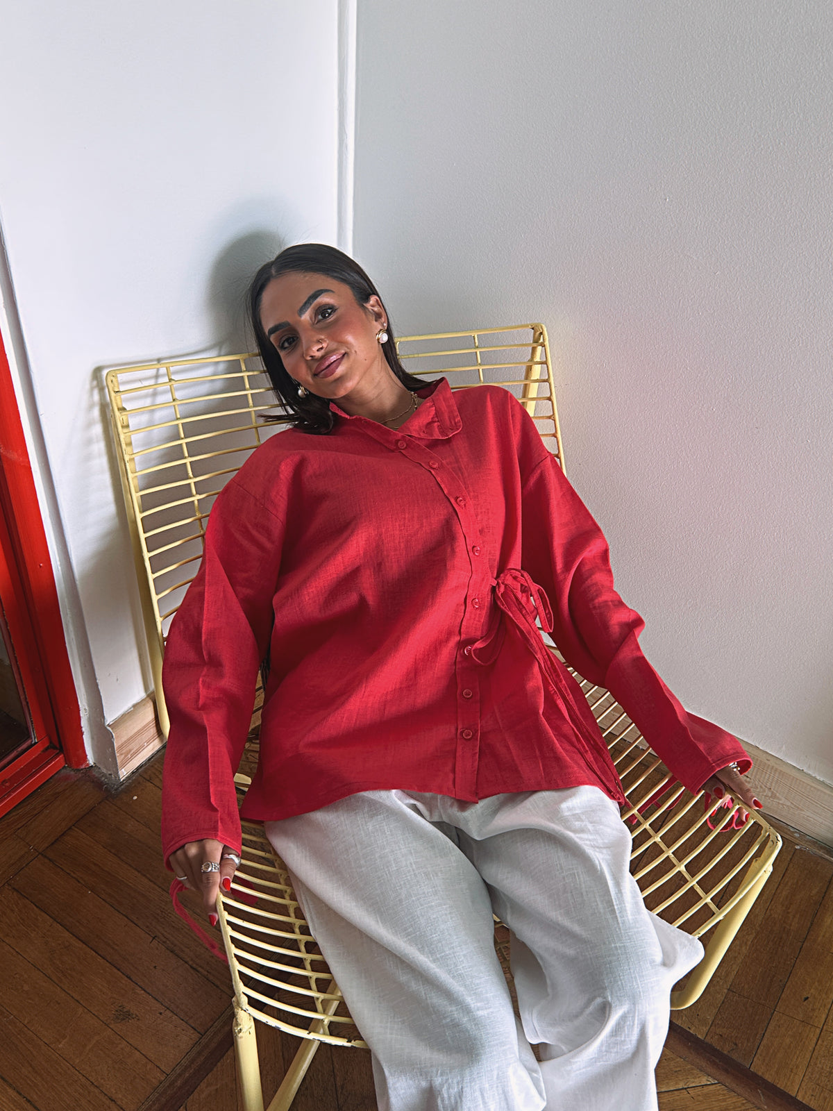 Side Bow Linen Shirt - Crimson Red