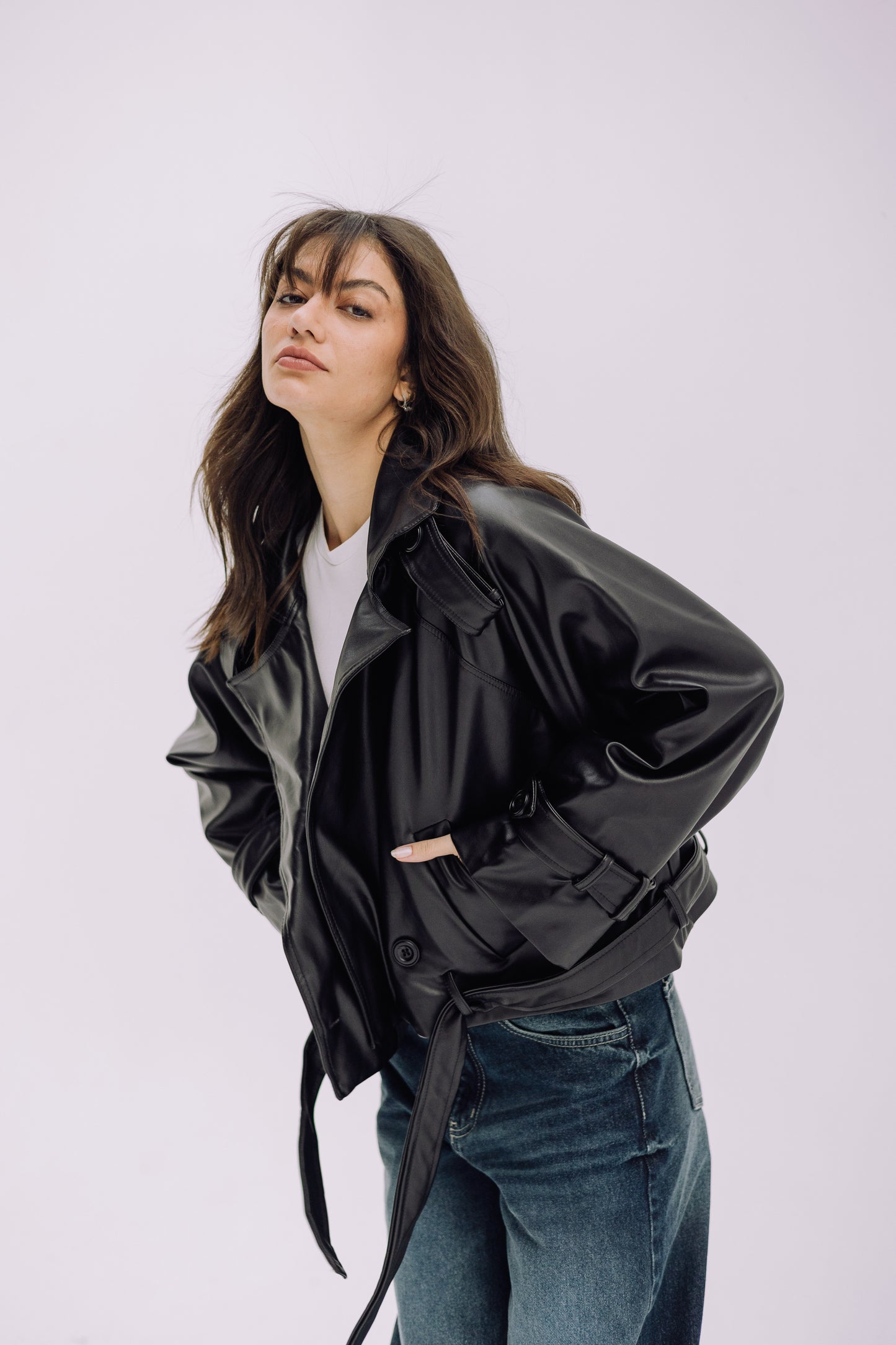 Leather Cropped Trench Jacket - Black