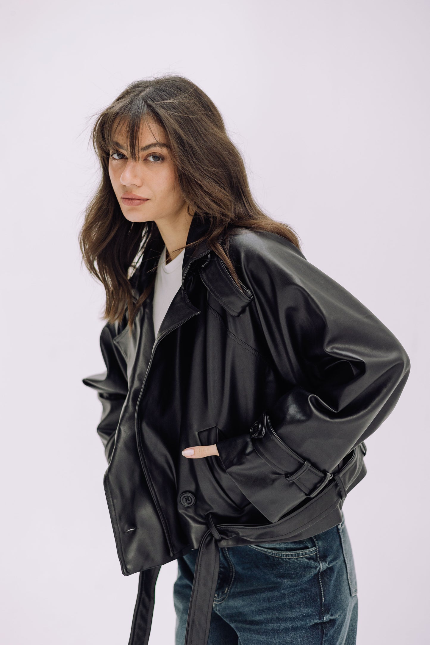 Leather Cropped Trench Jacket - Black