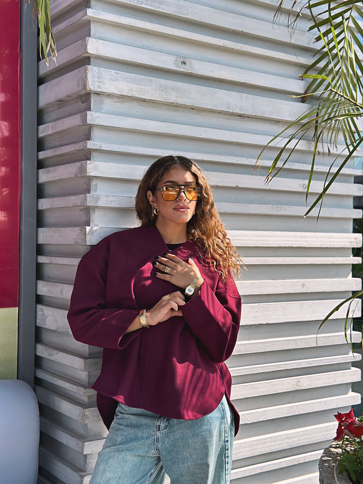 V-Neck Wool Top - Berry Tones