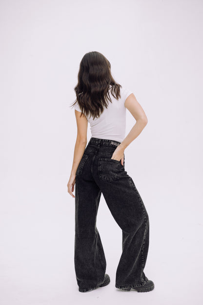 Wide Flow Denim Pants - Ash Black