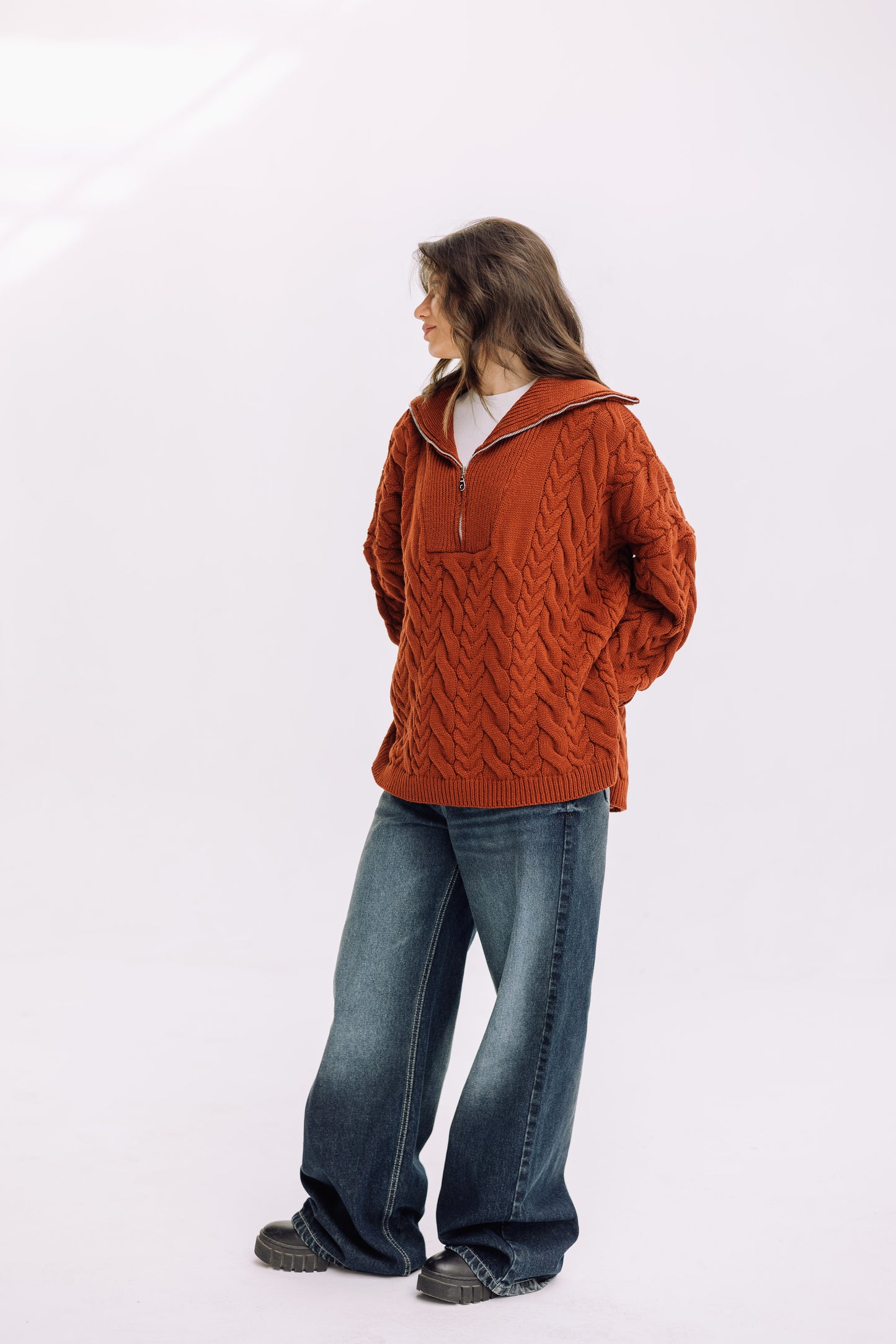 Braided Half-Zip Sweater - Brick