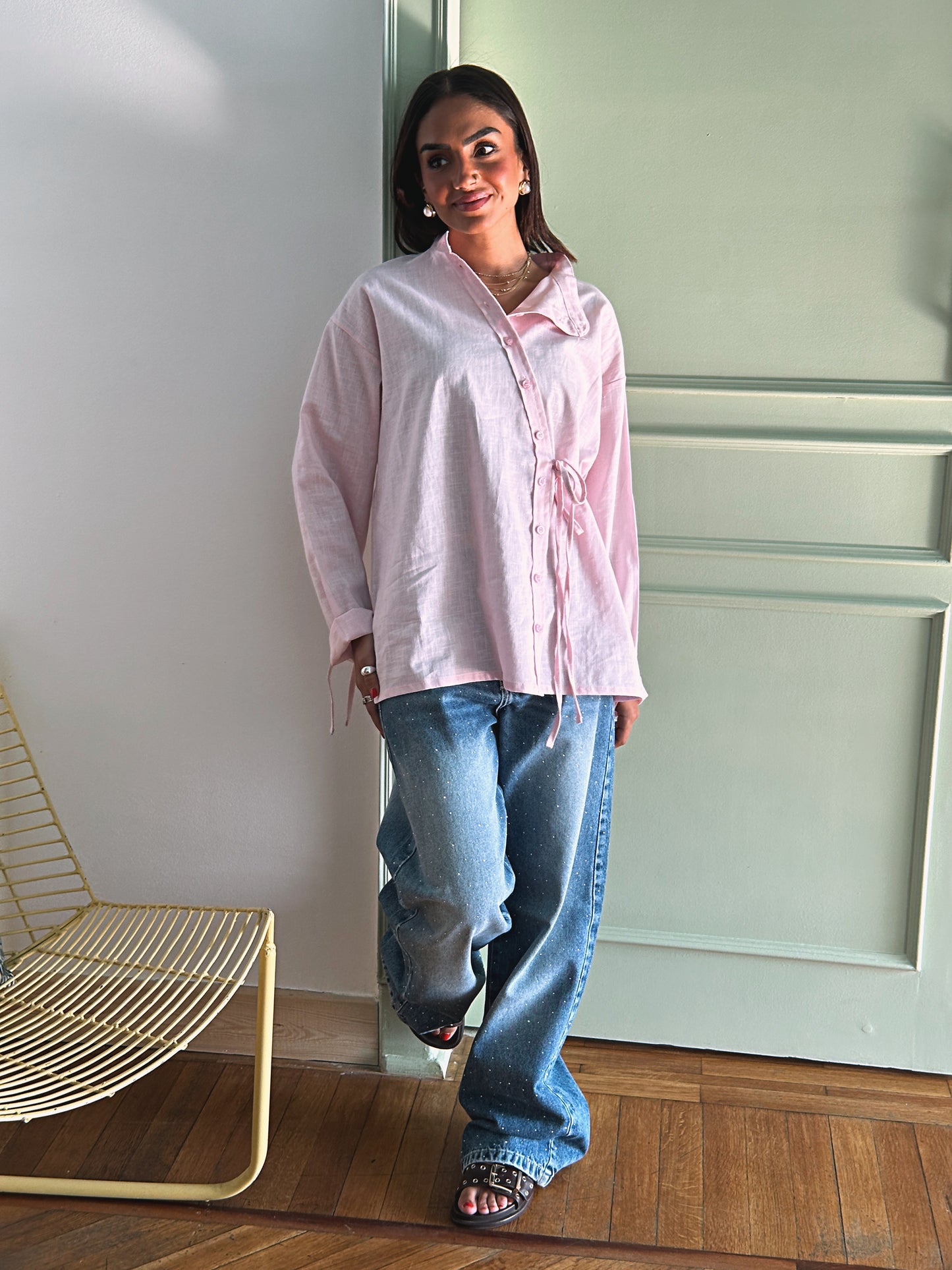 Side Bow Linen Shirt - Soft Pink