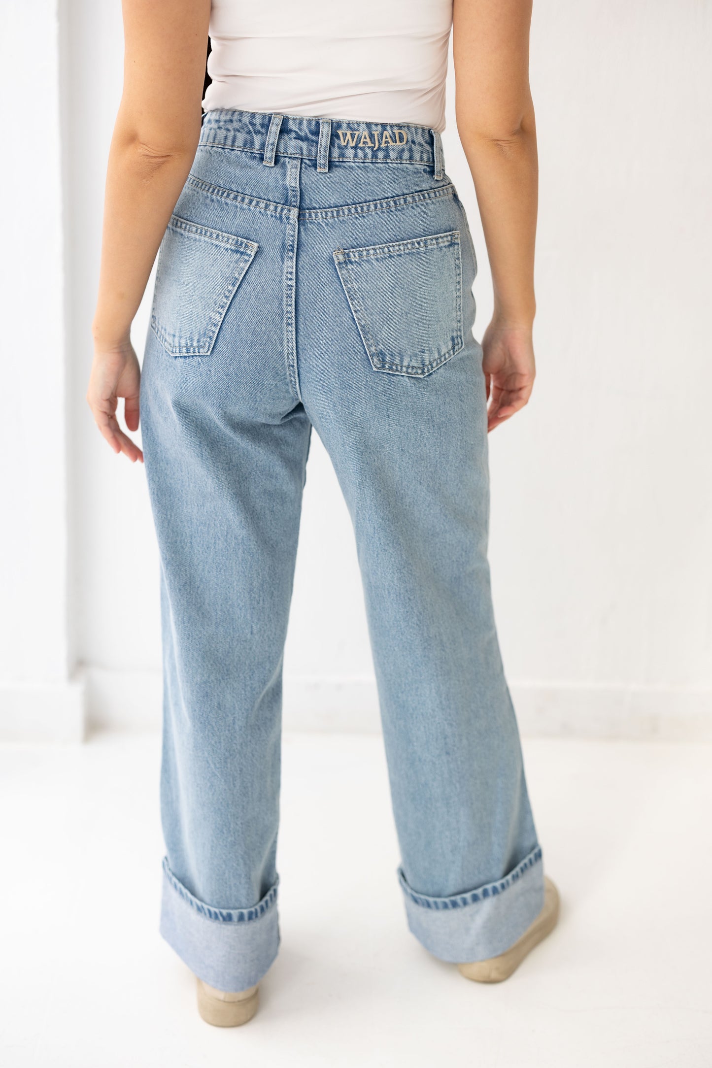 Double Cuff Denim Pants - Washed Blue