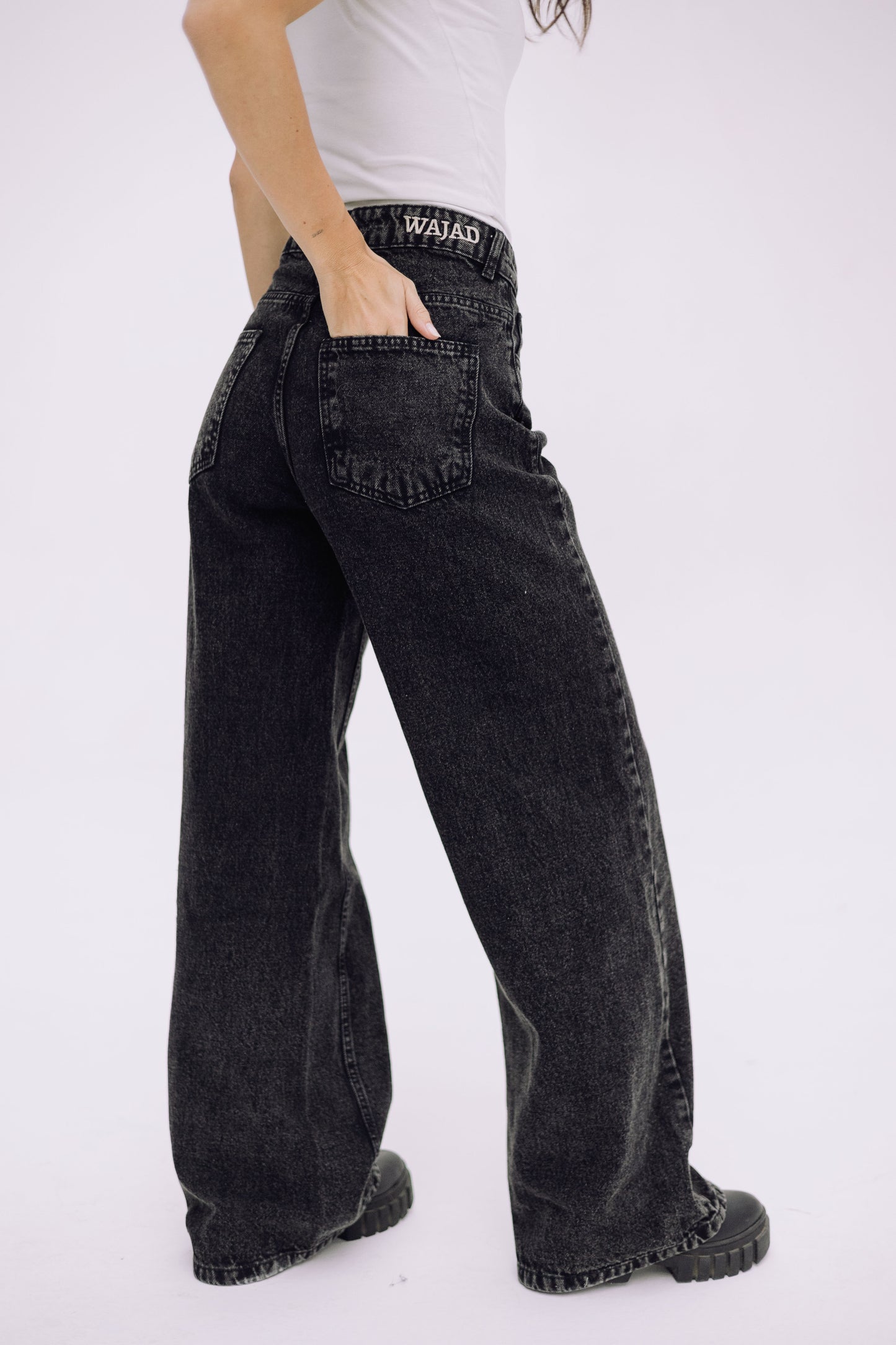 Wide Flow Denim Pants - Ash Black