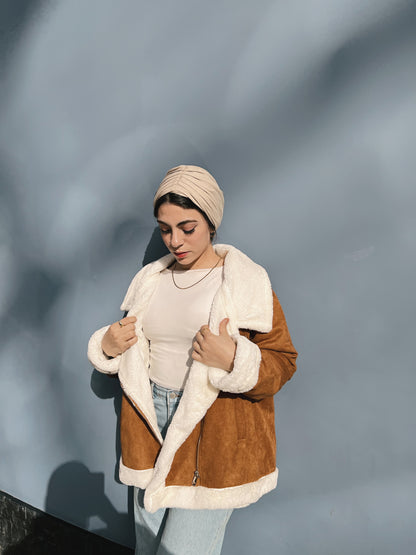 Suedette Shearling Jacket - Camelxwhite