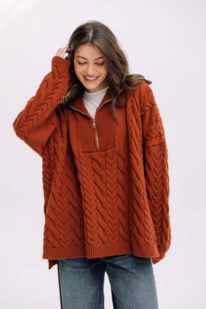 Braided Half-Zip Sweater - Brick