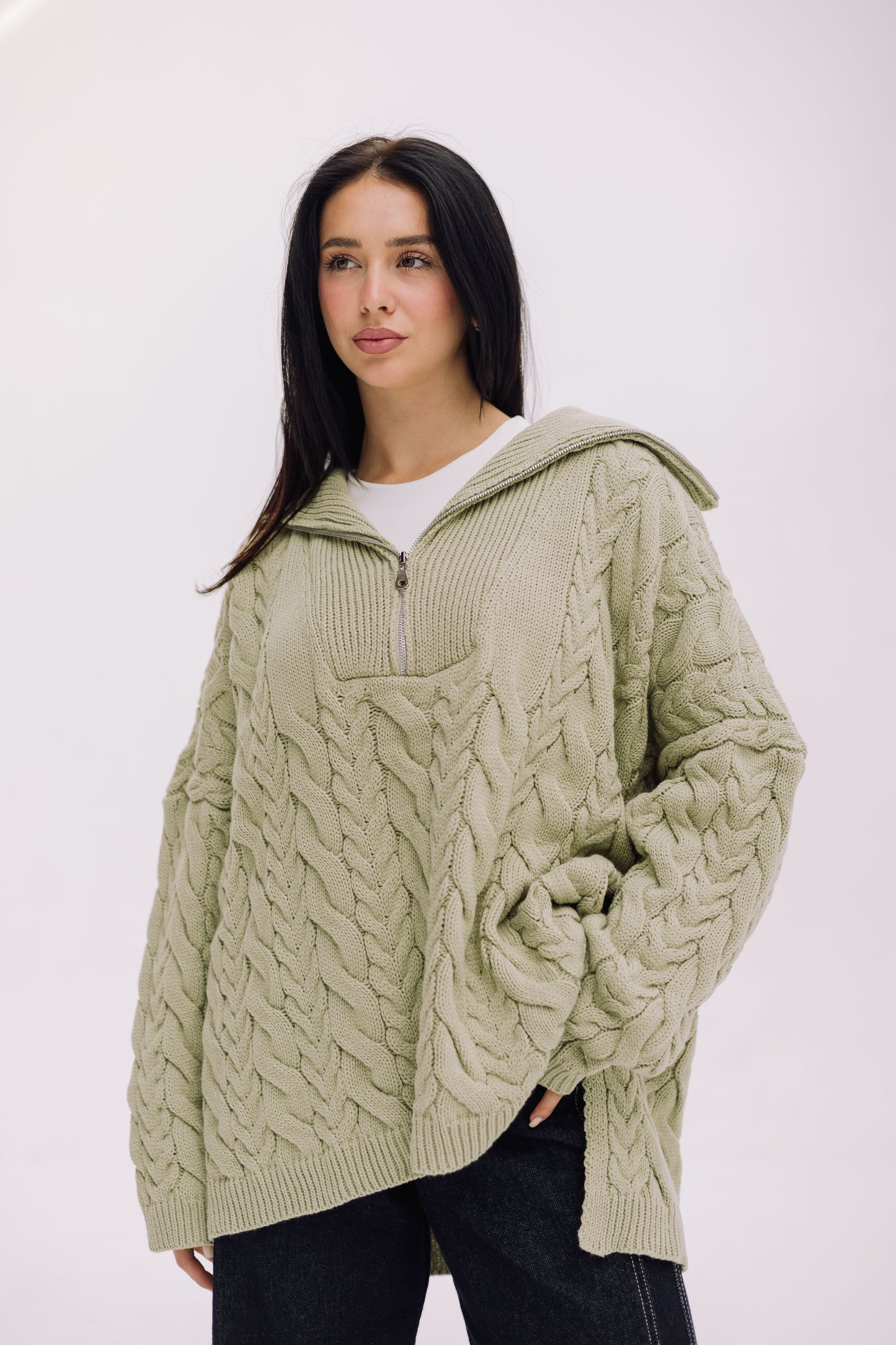 Braided Half-Zip Sweater - Basil