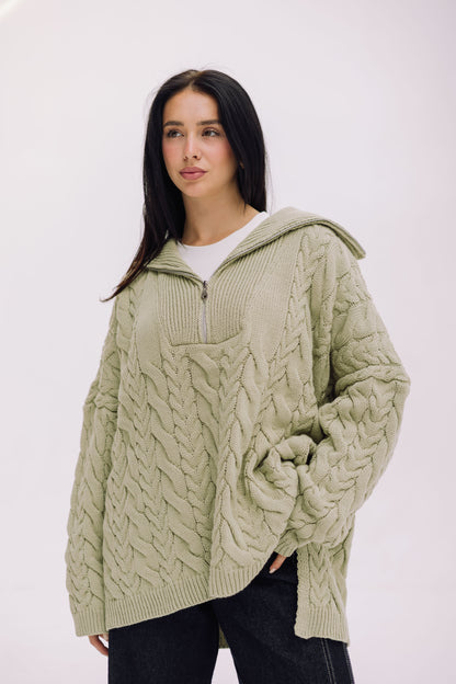 Braided Half-Zip Sweater - Basil