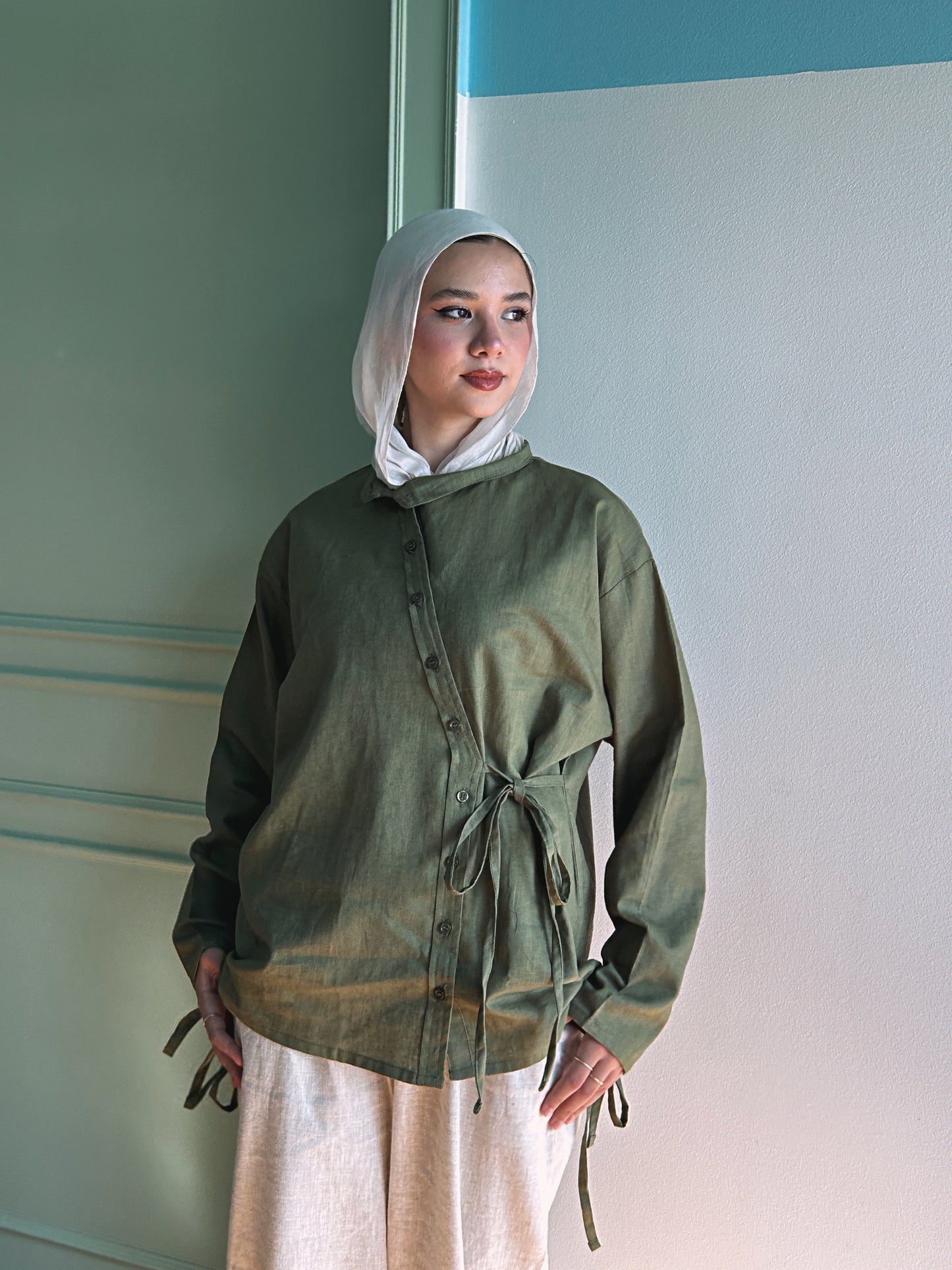 Side Bow Linen Shirt - Moss