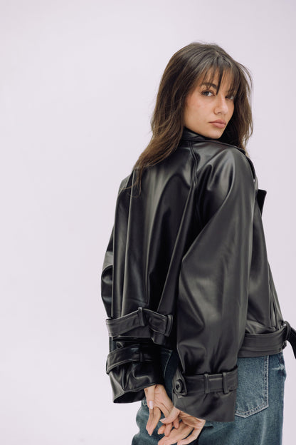 Leather Cropped Trench Jacket - Black