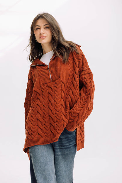 Braided Half-Zip Sweater - Brick