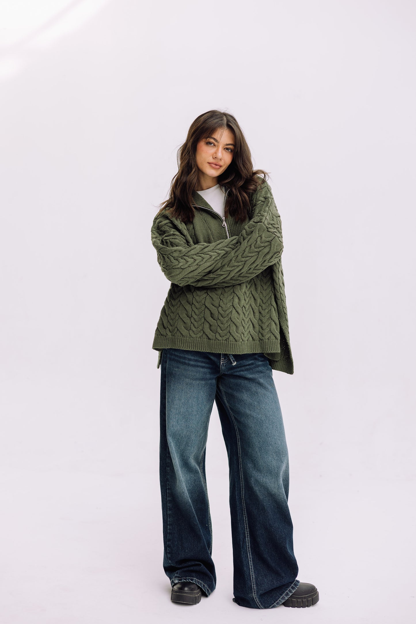 Braided Half-Zip Sweater - Olive