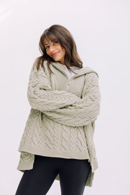 Braided Half-Zip Sweater - Basil