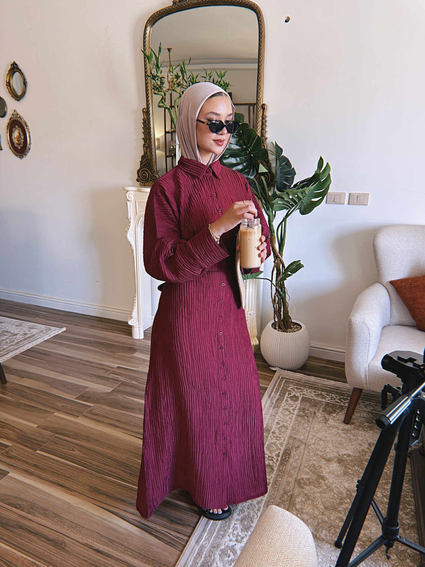 Dreamy Crinkled Dress - Deep Burgundy