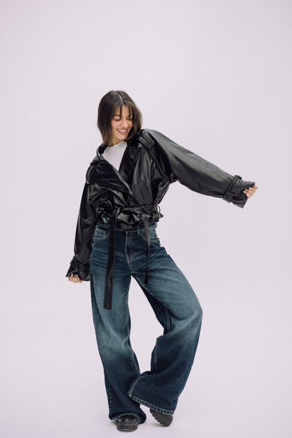 Leather Cropped Trench Jacket - Black