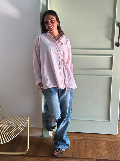 Side Bow Linen Shirt - Soft Pink
