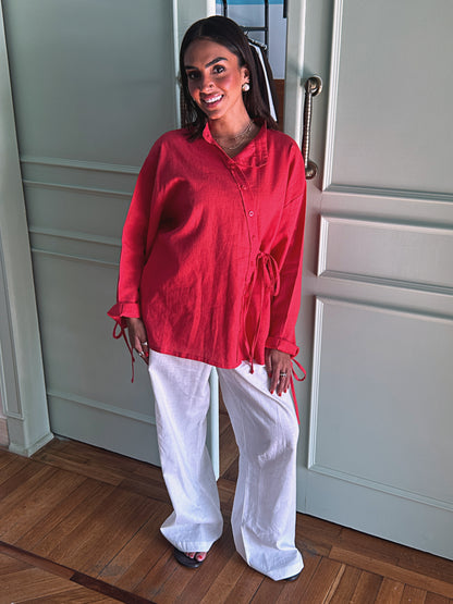 Side Bow Linen Shirt - Crimson Red