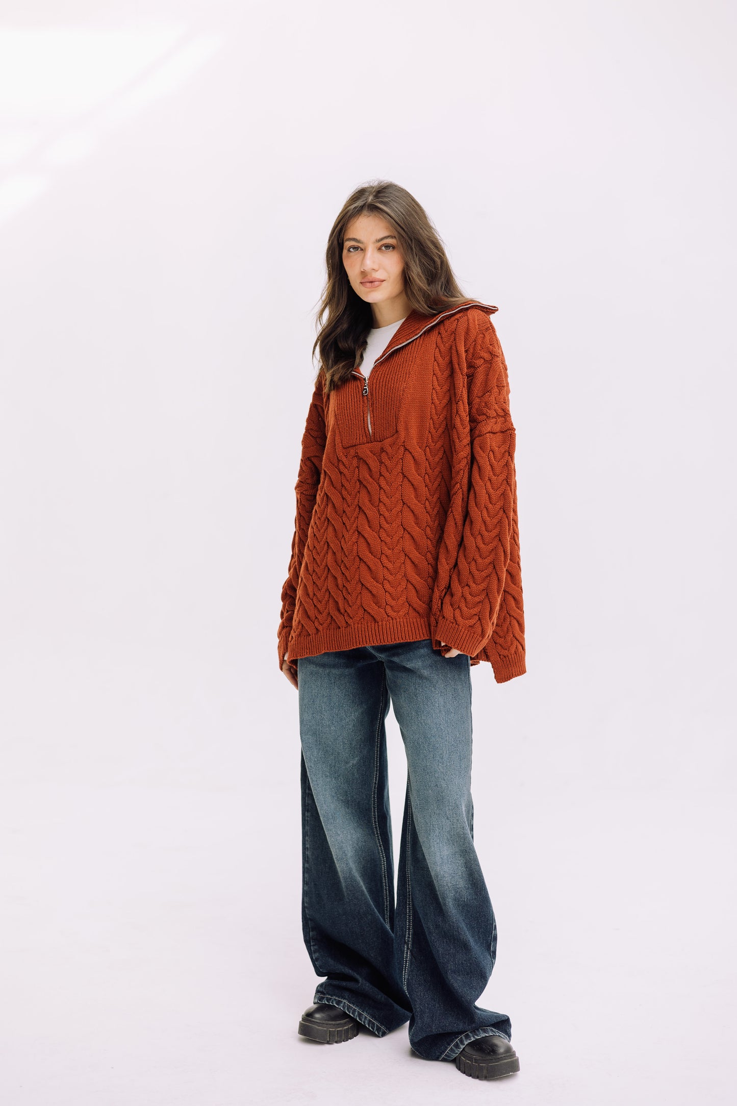 Braided Half-Zip Sweater - Brick