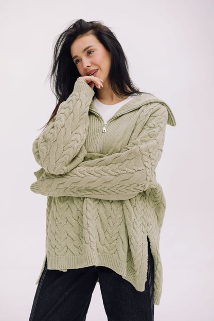Braided Half-Zip Sweater - Basil