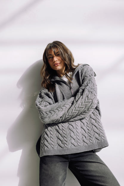 Braided Half-Zip Sweater - Grey
