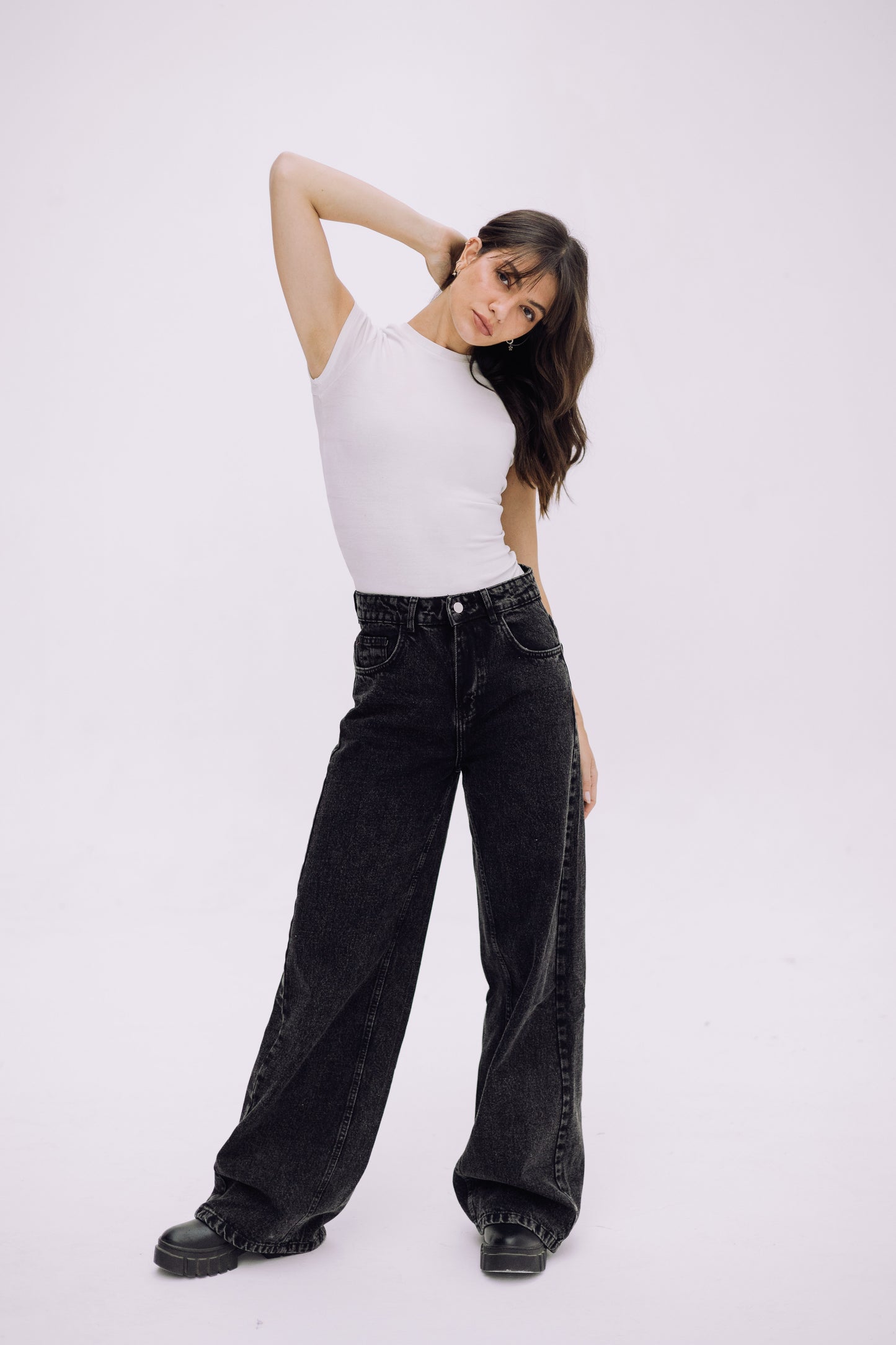 Wide Flow Denim Pants - Ash Black