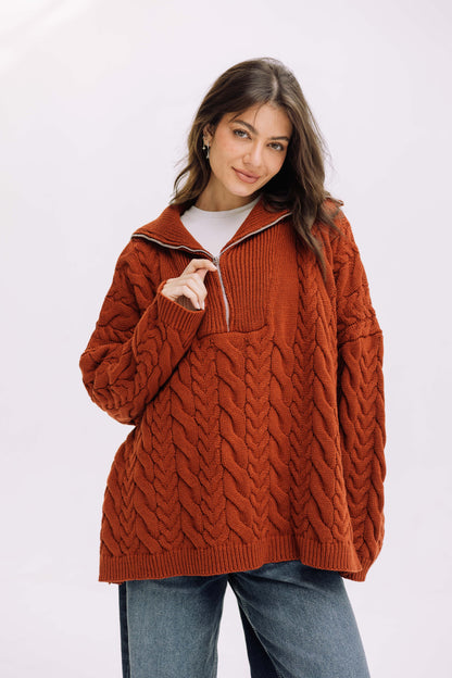 Braided Half-Zip Sweater - Brick