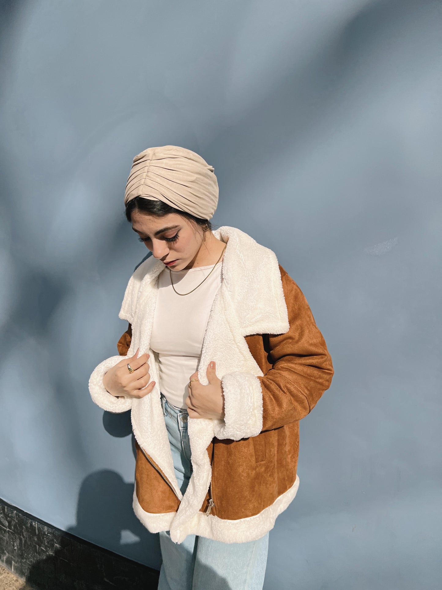 Suedette Shearling Jacket - Camelxwhite