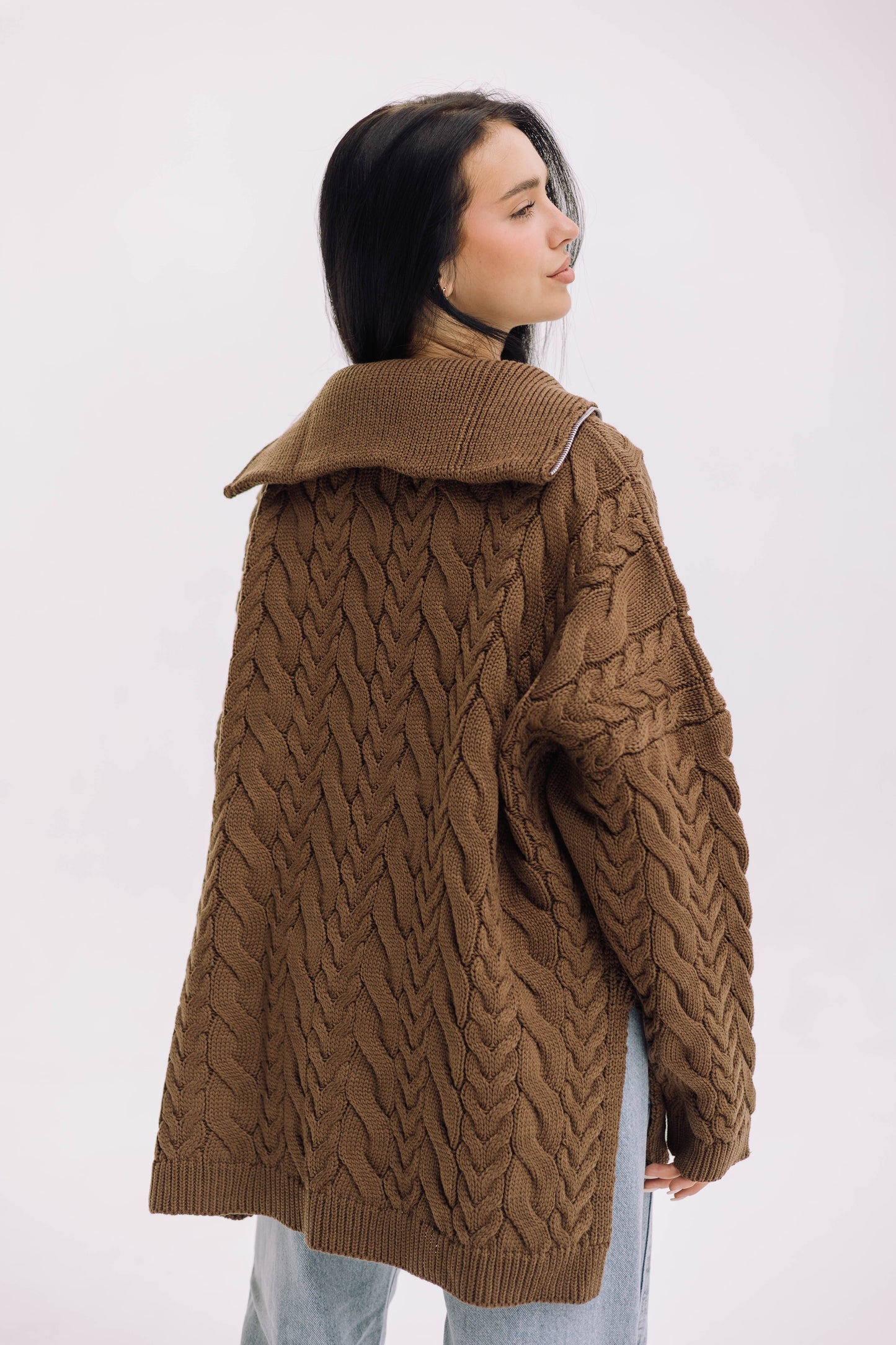 Braided Half-Zip Sweater - Brown